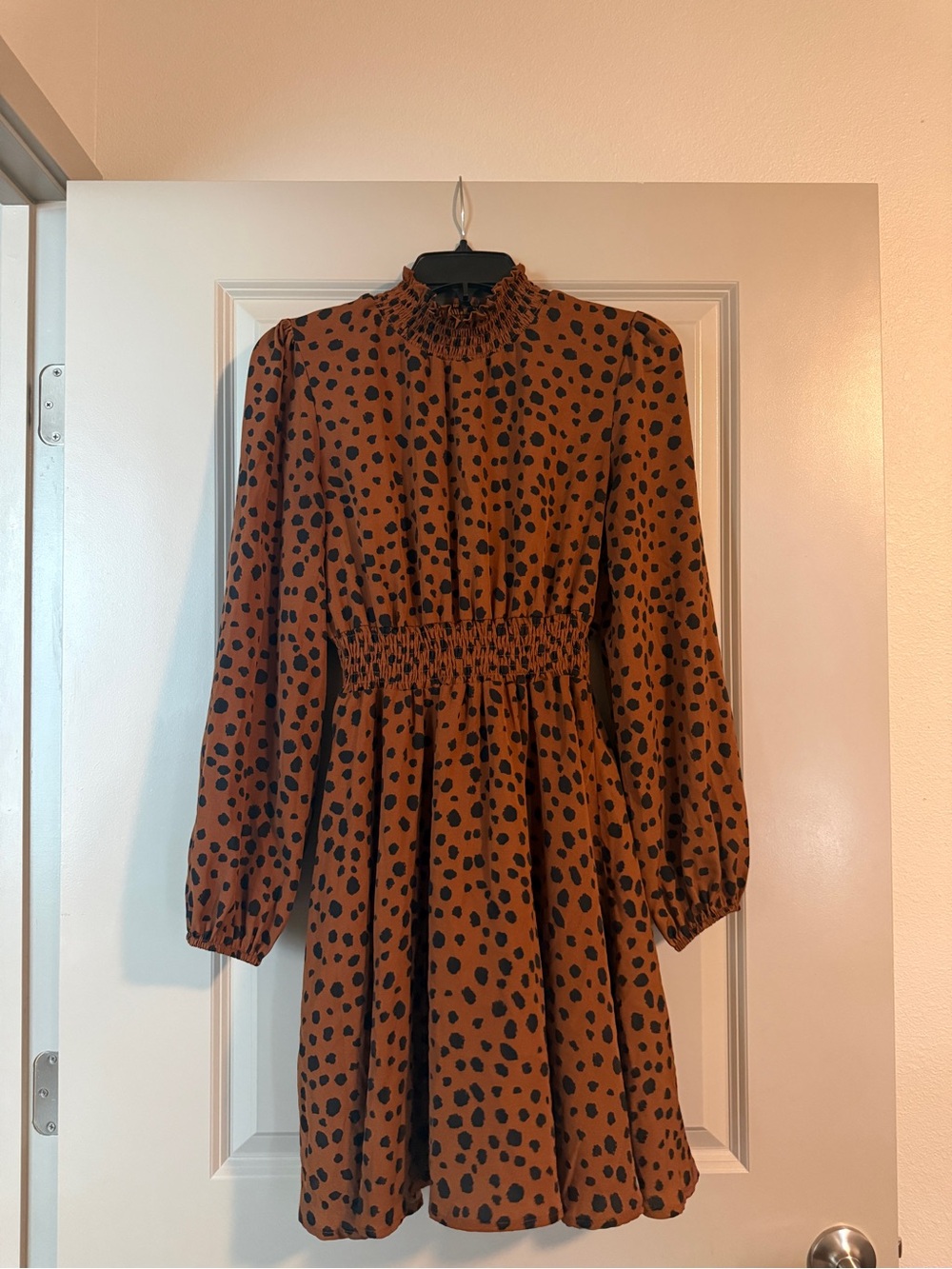Womens Rust Brown Smocked Waist Long Sleeve Dress